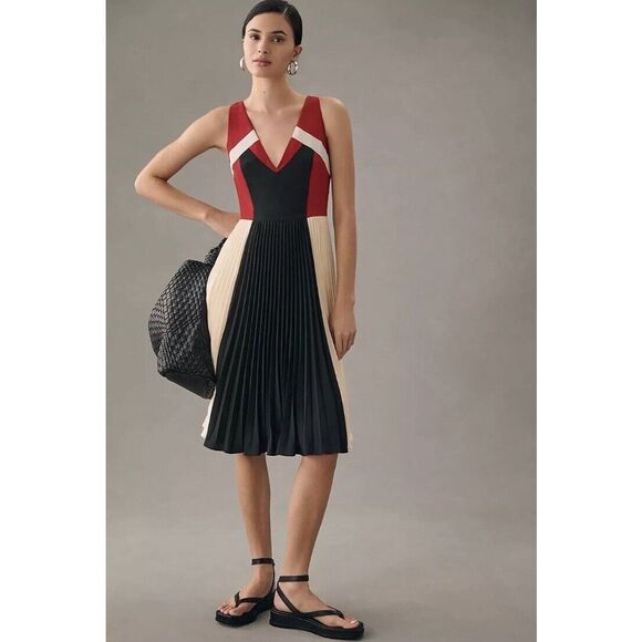 Anthropologie Maeve Pleated Colorblock Midi Dress Size 4 B34 - Picture 1 of 9
